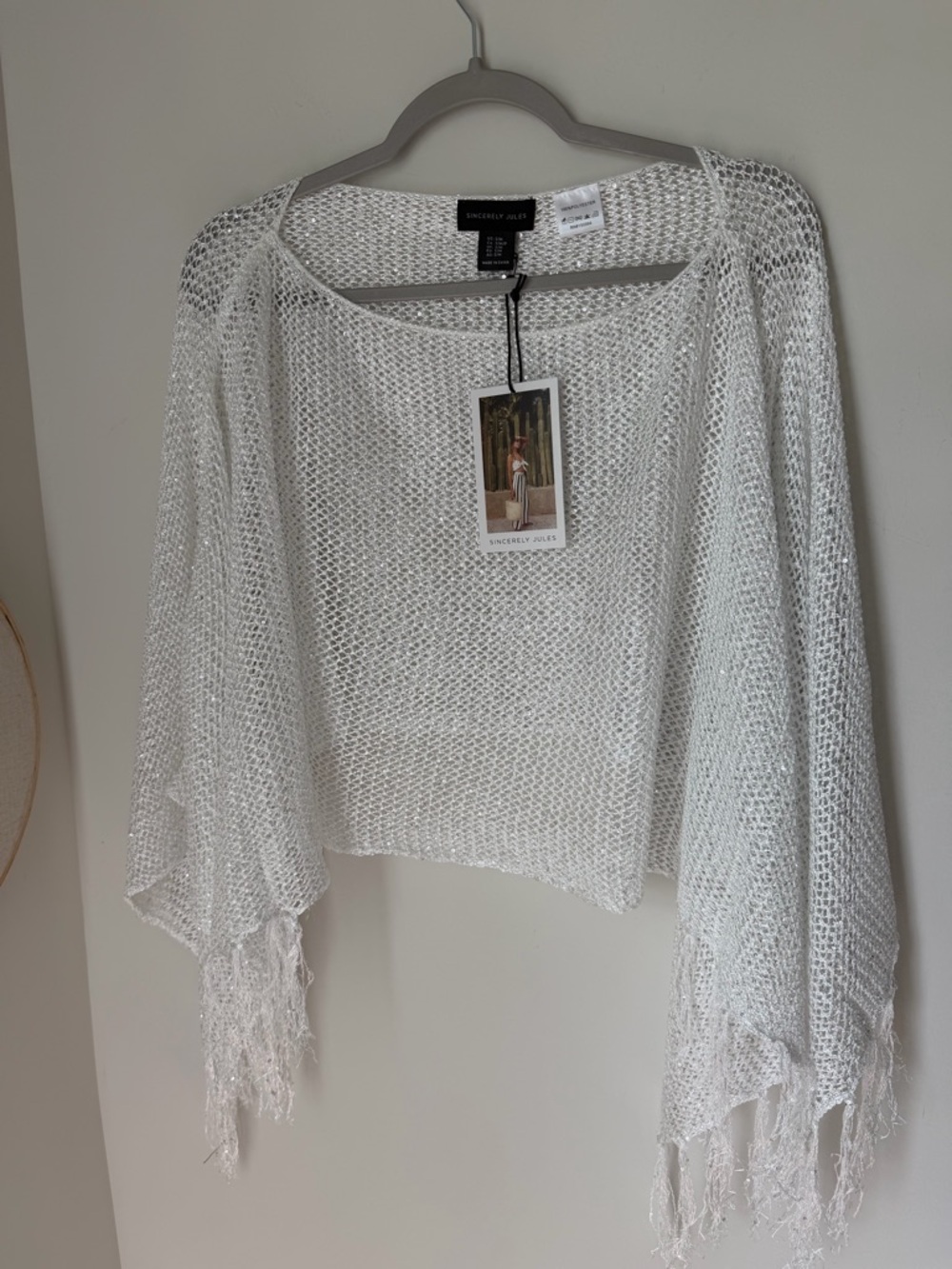 White sequins crochet fringe poncho top